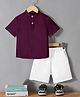 Fashion Dream Cotton Blend Knit Half Sleeves Solid Textured Mandarin Collar Shirt & Shorts Set - Dark Purple