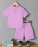 Fashion Dream Cotton Blend Knit Half Sleeves Solid Textured Mandarin Collar Shirt & Shorts Set - Light Purple
