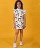 Anthrilo Cotton Flutter Sleeves Bow Printed With Comfort Fit Dress - Off White