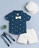 BUMZEE Cotton Knit Half Sleeves Blocks Printed Shirt & Shorts Set With Suspender Bow Applique & Cap - Navy Blue & Beige