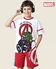 Pine Kids Marvel Single Jersey Knit Half Drop Shoulder Sleeves T-Shirt & Cut & Sew Shorts Set With Avengers Graphics - White & Red