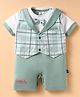 Mini Taurus Cotton Knit Half Sleeves Checks Romper With Bow Applique - Light Green