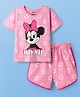 Pine Kids Disney Single Jersey Knit Half Sleeves Shorts Night Suit with Minnie Mouse & Floral Print - Pink