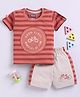 Nottie Planet Cotton Half Sleeves Striped & Bicycle Patch Embroidered Coordinating Tee & Shorts Set - Brown