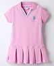 US Polo Assn Cotton Knit Half Sleeves Collar Neck & Drop Waist Frock With Brand Logo Embroidery - Pink