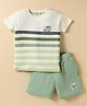 Ollypop Sinker Knit Half Sleeves Striped T-Shirt & Shorts Set With Car Print - Cream & Green