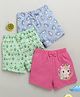 BUMZEE Cotton Knit Above Knee Length Floral & Unicorn Printed Shorts With Bow Applique Pack of 3 - Green Blue & Pink