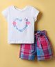Twetoons Cotton Knit Half Sleeves Top & Shorts Set With Heart Print - Pink & White