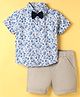 Simply Premium Poplin Woven Sleeveless Shirt & Shorts Set & Bow with Floral Print - Blue