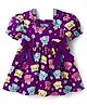 Babyhug Single Jersey Knit Half Sleeves Frock With Teddy Bear Print & Bow Applique - Violet
