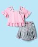 Enfance Half Bell Sleeves Textured Floral & Butterfly Applique Detailed Top & Checked Skirt With Belt Set - Pink