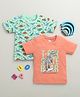 BUMZEE Cotton Pack Of 2 Half Sleeves Dinosaurs Printed Tees - Coral & Mint Green