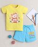 BUMZEE Cotton Half Sleeves Teddy Bear Printed Tee & Short Set - Yellow & Blue