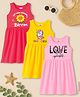 KUCHIPOO Cotton Blend Pack Of 3 Sleeveless Floral & Unicorn Printed Dresses - Pink Yellow & Magenta