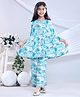 misbis Cotton Three Fourth Sleeves Floral Printed Top With Coordinating Pant Set - Blue