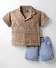 Little Kangaroos Cotton Knit Half Sleeves Shirt & Shorts Set With Schiffli Design - Tan