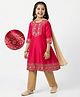 Pine Kids Woven Three Fourth Sleeves Floral Embroidered & Sequinned Kurti & Salwar Set with Dupatta - Dark Pink