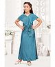 Lei-Chie Half Sleeves Accordion Pleated & Floral Applique Gown - Blue