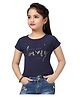 Lei-Chie Cotton Half Sleeves You Are Lovely Text Printed & Embellished Tee - Navy Blue
