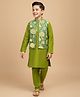 Pine Kids Woven Full Sleeves Kurta Pajama Set with Ethnic Jacket & Floral Print - Olive Green