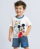 Babyhug Disney Single Jersey Knit Half Drop Shoulder Sleeves T-Shirt & Denim Shorts Set With Mickey & Friends Graphics - White & Blue