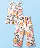 CrayonFlakes Rayon Knit Sleeveless Floral Printed Bow Applique Detailed Coordinating Top & Palazzo Set - Off White