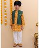The Mom Store Cotton Full Sleeves Damask Printed Kurta Pyjama With Jacket Set - Yellow