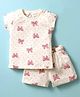 Ollypop Sinker Knit Half Sleeves Shorts Co-Ord Night Suit with Bow Print - White