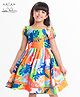 Arias Woven Half Puffed Sleeves Fit & Flare Dress with Smocked Detailing Floral Print & Bow Applique - Multicolor
