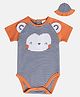 MINI KLUB Cotton Half Raglan Sleeves Striped & Baby Animal Embroidered Onesie With Cap - Blue