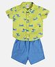 MINI KLUB Cotton Half Sleeves Cartoon Blocks Printed Shirt & Shorts Set - Green & Blue