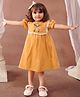 Tiny Twills Linen Half Puffed Sleeves Baby Lion Embroidered Dress - Yellow
