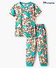Honeyhap Premium 100%   Cotton Knit Half Sleeves Co-ords Night Suit with Bio Finish & Dino Print - Bright White & Blue Curacao
