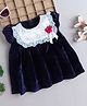 Many frocks & Velvet Half Puffed Sleeves Floral Applique Lace Detailed Dress - Blue