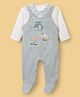 ToffyHouse Cotton Knit Footed  Dungaree Style Romper With Full Sleeves Inner Tee With Embroidery Detailing - Grey