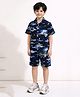 Little Marine Cotton Knit Half Sleeves Coconut Trees Printed Shirt With Coordinating Shorts Set - Navy Blue