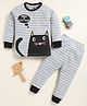 Little Marine Cotton Knit Full Sleeves Striped & Cat Printed Coordinating Night Suit Set - Grey
