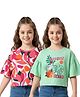 Honeyhap Premium 100%  Cotton Knit Half Frill Sleeves Oversized Tops with  Bio Finish & Tropical Theme Print Pack of 2 - Bright White & Paradise Green
