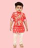 little desi Satin Full Sleeves Floral & Sheep Printed Kurta & Pyjama With Jacket - Red