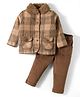 Yellow Apple Woven Full Sleeves Winter Wear Jacket & Trouser Set with Checks Pockets & Fur Detailing - Brown
