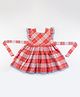 Soleilclo Cotton Frill Sleeves Checked Dress - Red