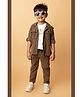 LITTLE COLLARS Codruouy I Am Brillant Text Printed Tee & Pant With Full Sleeves Hooded Shacket Set - Khaki