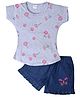 Nino Togs Cotton Half Sleeves Floral Embroidered Top With Denim Shorts - Grey & Blue