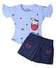 Nino Togs Cotton Half Sleeves Rabbit Patch Embroidered Top With Denim Skirt - Blue & Navy