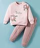 Pepito Fleece Knit Full Sleeves Night Suit With Floral Embroidery - Pink