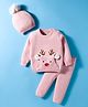 Yellow Apple Knit Full Sleeves Pullover Sweater Set with Cap & Deer Embroidery - Pink