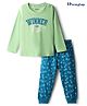Honeyhap Premium Cotton Knit Full Sleeves Night Suit With Text Print - Pistachio Green & Seaport