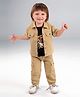 MASHUP Cotton Twill Teddy Bear Printed Tee & Pant With Half Sleeves Jacket Set - Khaki