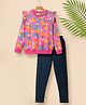 Tiara Cotton Spandex Knit Full Sleeves Floral & Oranges Printed Top & Leggings Set - Pink