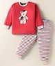 Wonderchild Interlock Knit Full Sleeves Teddy Bear Printed Tee With Striped Pant - Red